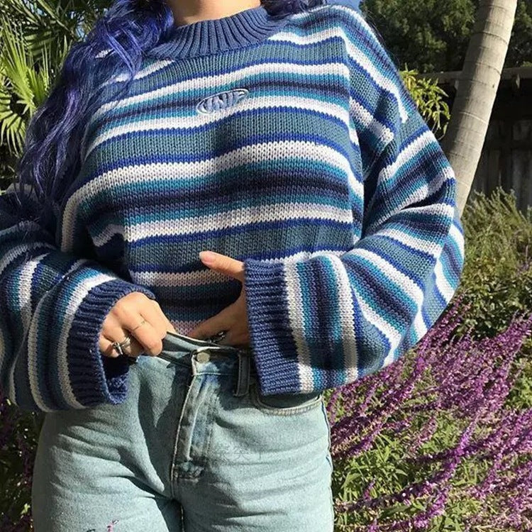 Blue Striped Loose Sweater Women