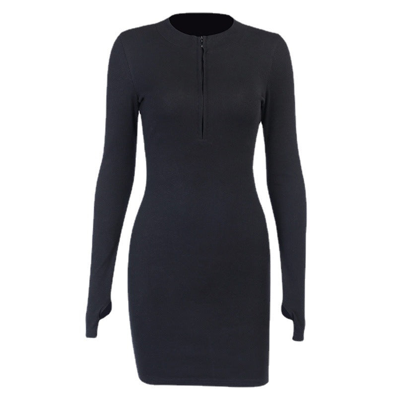 Slim-fit Solid Half-Zip Long-sleeved Dress For Women