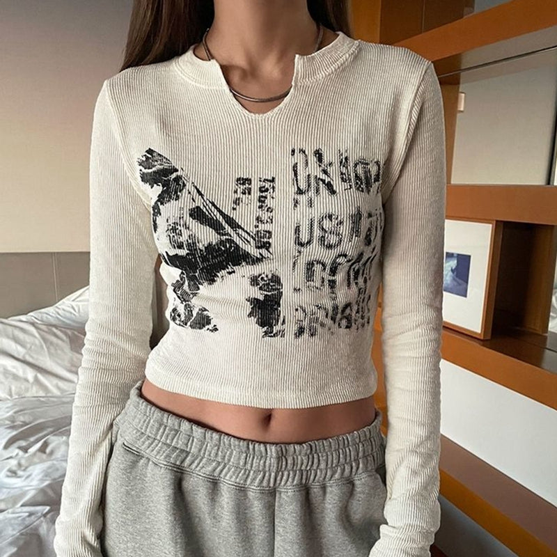 Distressed Printed Cropped Top With Long Sleeves