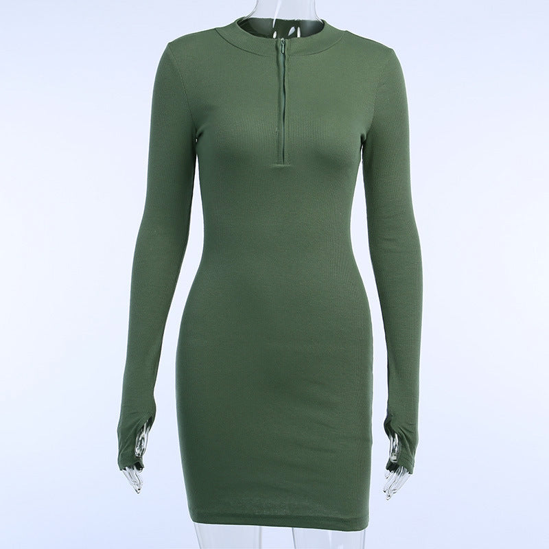 Slim-fit Solid Half-Zip Long-sleeved Dress For Women