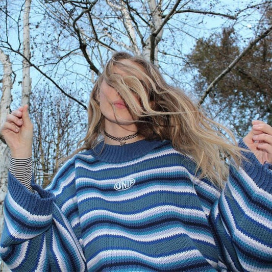 Blue Striped Loose Sweater Women