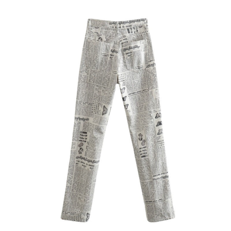 Newspaper Print Straight Pants