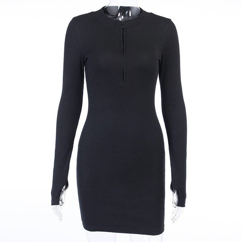 Slim-fit Solid Half-Zip Long-sleeved Dress For Women