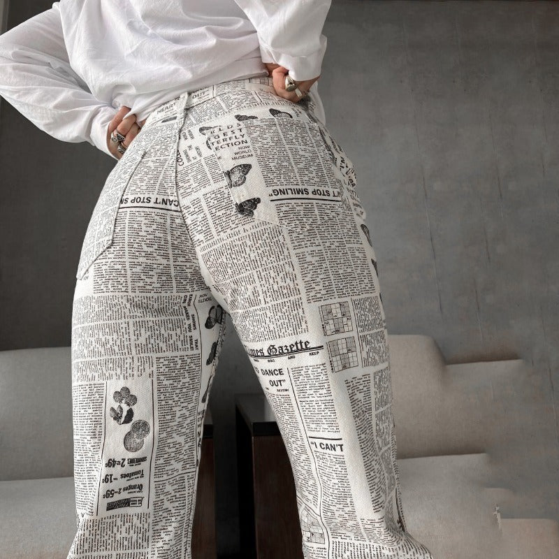 Newspaper Print Straight Pants