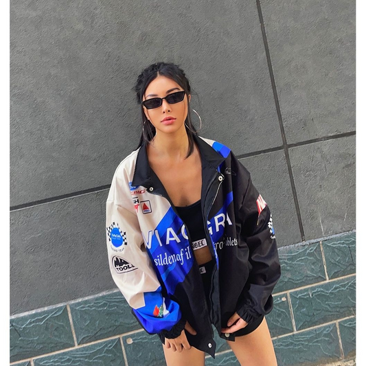 Sporty Blue Printed Casual Loose Long Sleeve Windbreaker Jacket